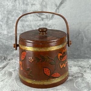 Vintage Floral Adorned‎ Firkin Wooden Bucket & Lid Cottagecore Country Cannister